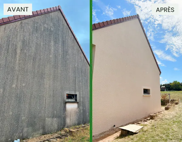 Pignon de maison nettoyé et repeint : avant / après