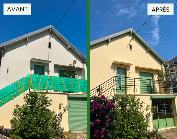 Rénovation de façade avec peinture jaune et garde-corps : avant / après