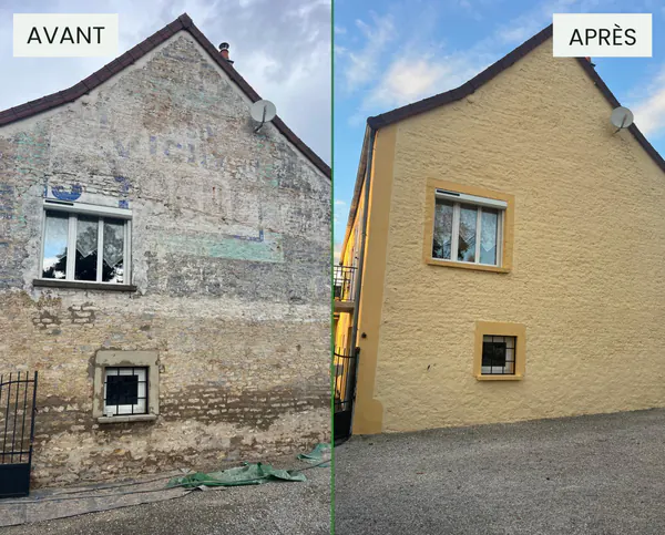 Façade en pierre enduite et peinte : avant / après