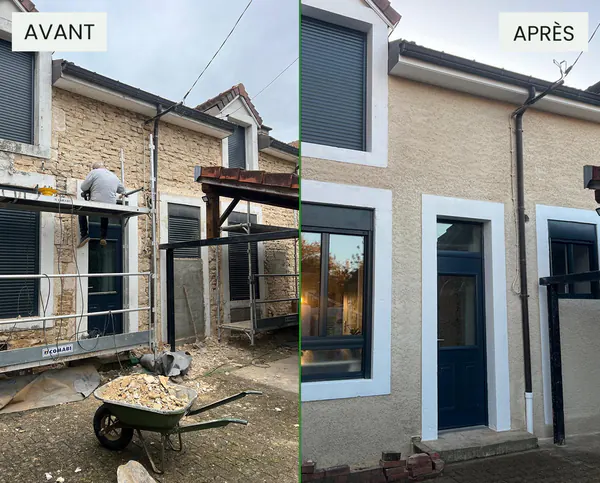 Façade de maison de ville rénovée avec encadrements blancs : avant / après